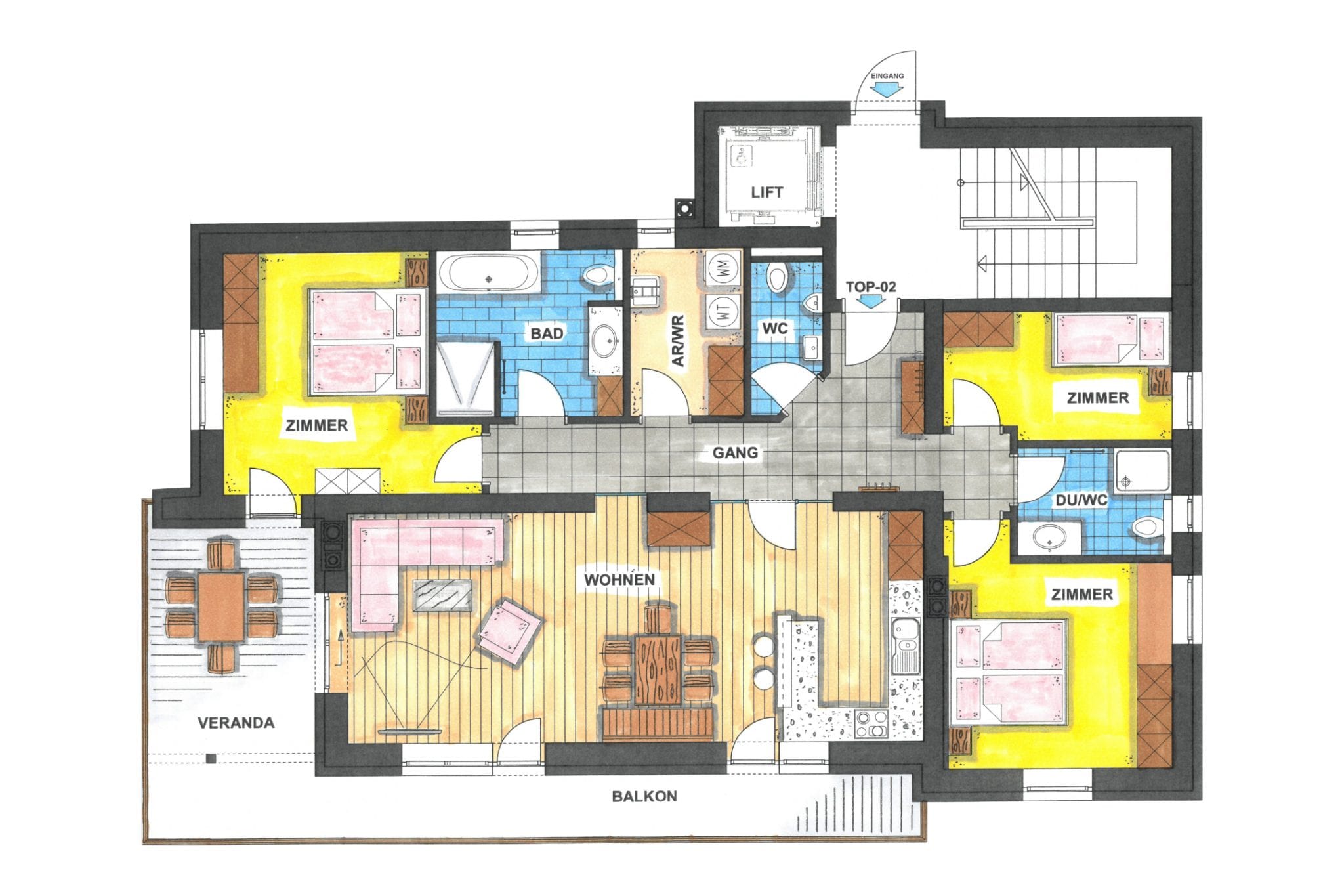 Grundriss Obergeschoss mit 120 m² Wohnfläche, Wohnküche, Wohnzimmer und Terrasse – Family Apartment da Peatala Apartments Serfaus Sommer