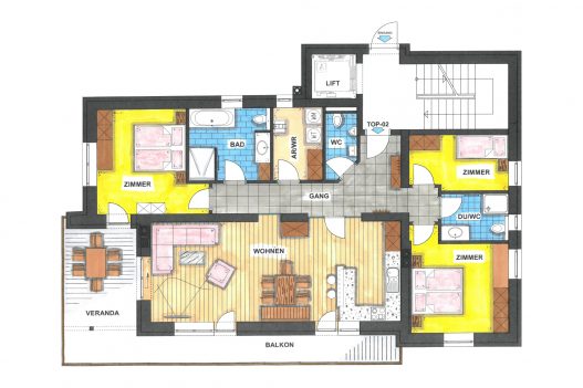 Grundriss Erdgeschoss Family Apartment - 120 m² Wohnfläche mit Wohnküche, Wohnzimmer und Terrasse