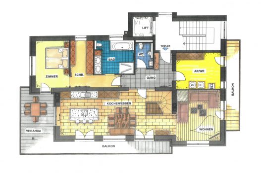 Grundriss Obergeschoss Lifestyle Apartment - 90 m² Wohnfläche mit Wohnküche, Wohnzimmer und Terrasse