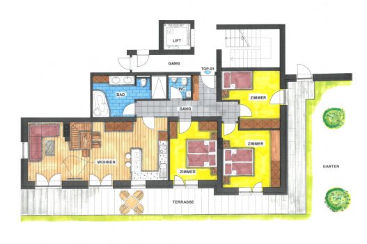 Grundriss Erdgeschoss Garden Apartment - 110 m² Wohnfläche mit Wohnküche, Wohnzimmer und Garten